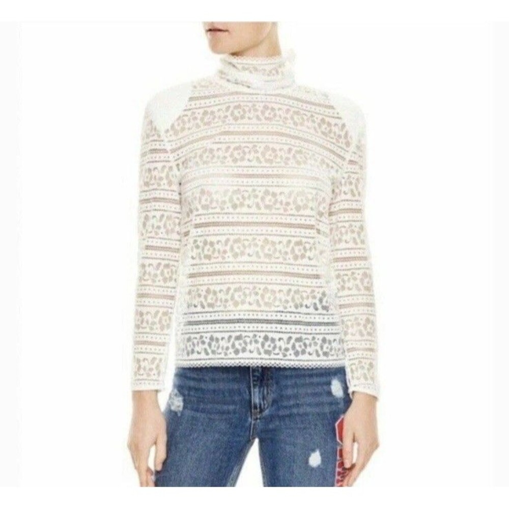 Sandro Paris Hamia White Floral Lace Blouse High Neck Quiet Luxury Size 1/Small - Picture 2 of 16